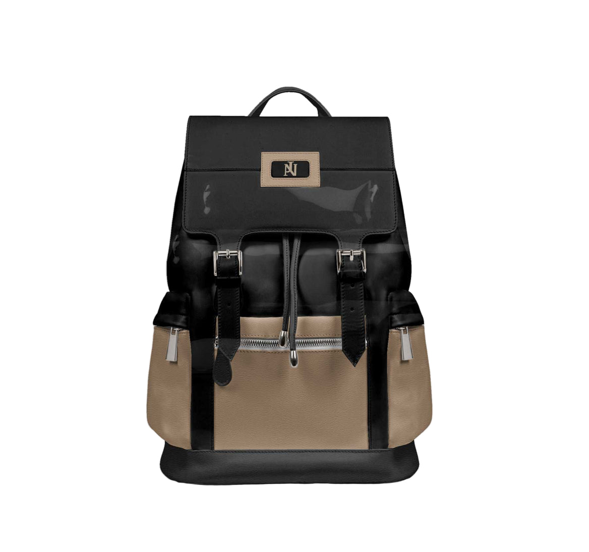 Two-tone black and beige backpack with a brand logo on a light gray background